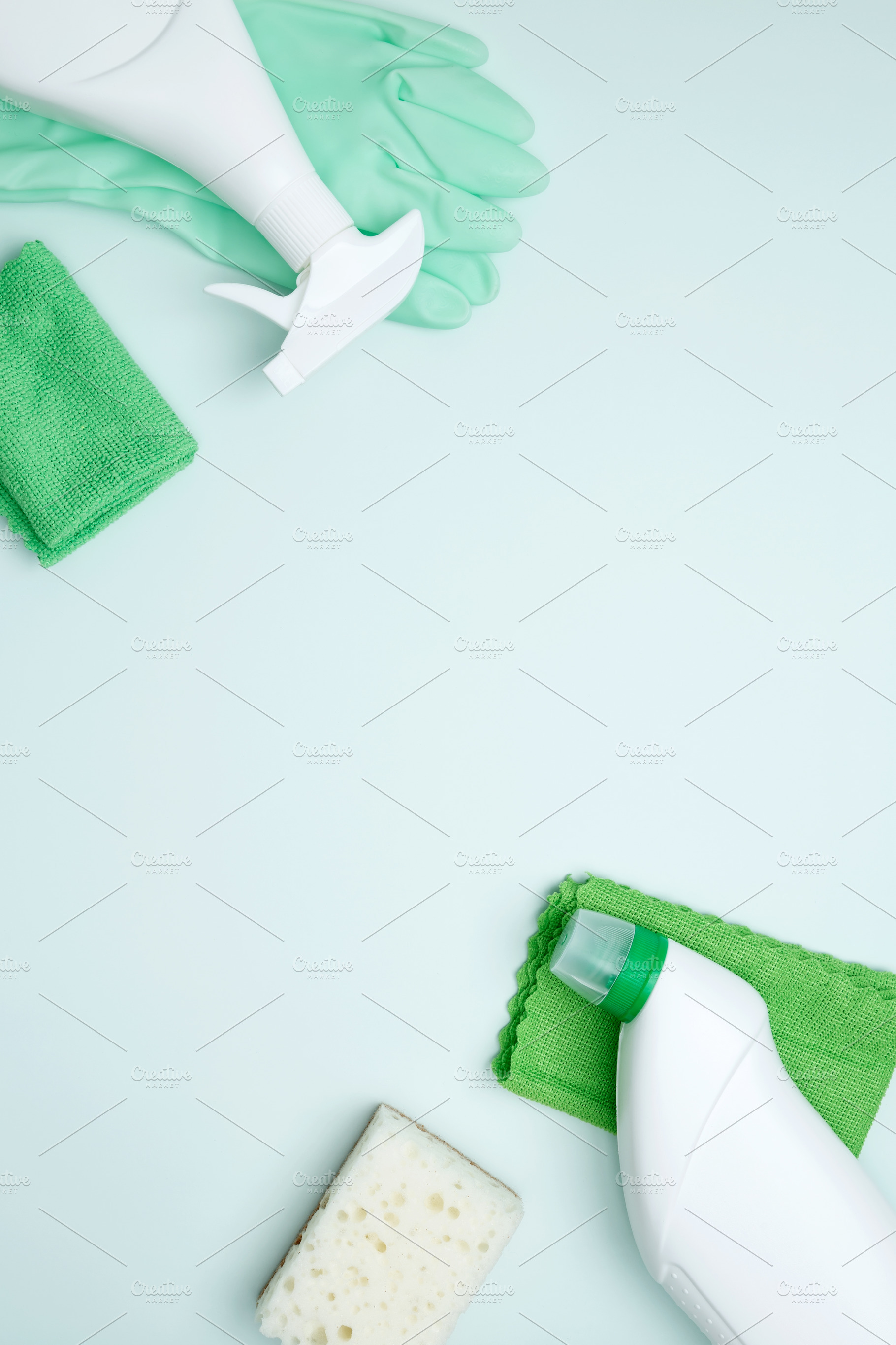 Concept of cleanliness and hygiene. Cleaning supplies and tools, including bott, a Photo by matucha