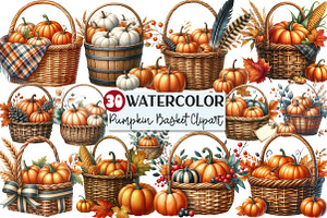 Autumn Pumpkin Basket Clipart, an Illustration by Rose Art