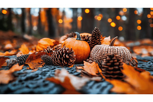 Close-up of pumpkins and pinecones, a Nature Photo by Sergey Kotenev