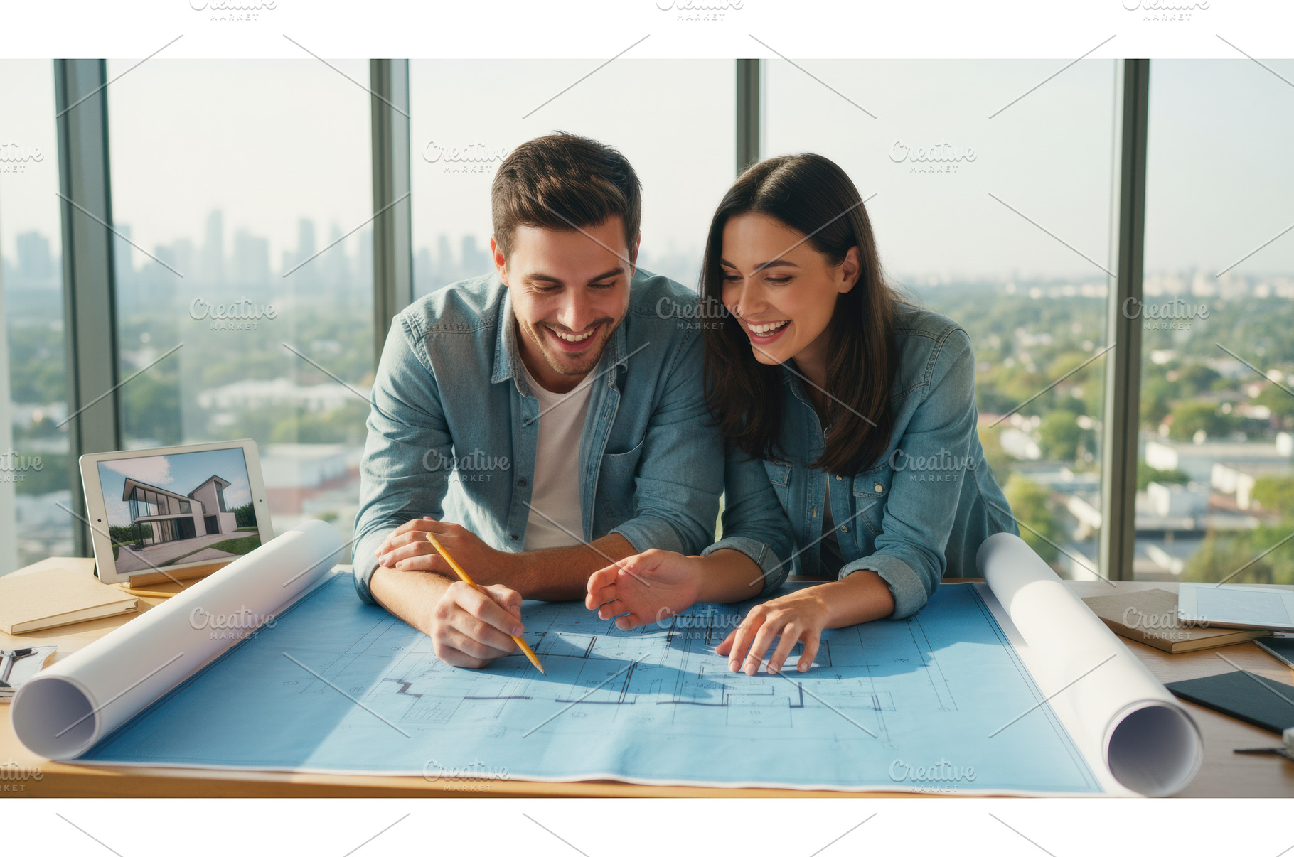 Happy couple reviewing modern house, a Background Photo by Igor Tichonow
