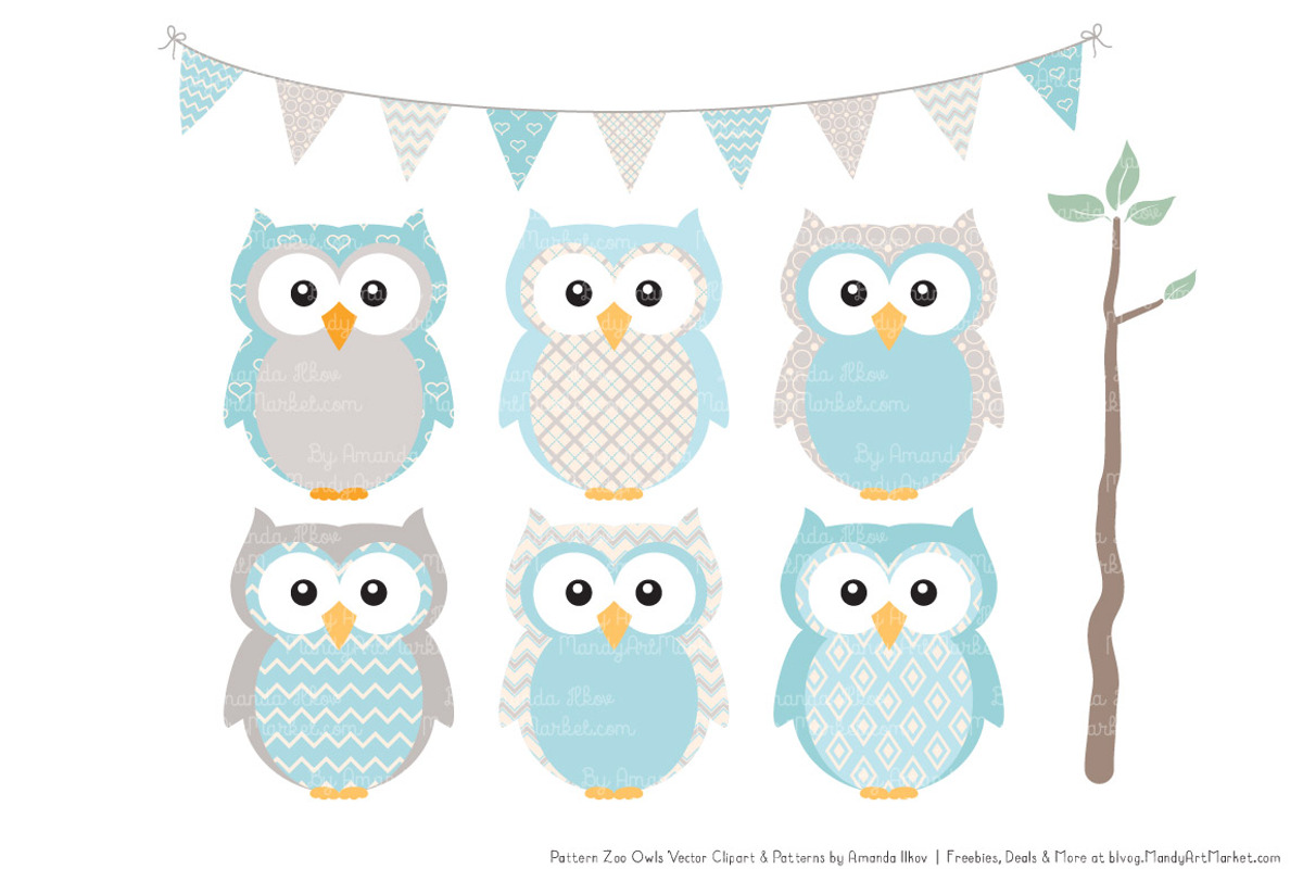 Owls Clipart & Patterns in Soft Blue, an Animal Illustration by Amanda Ilkov (Photo 2 of 4)