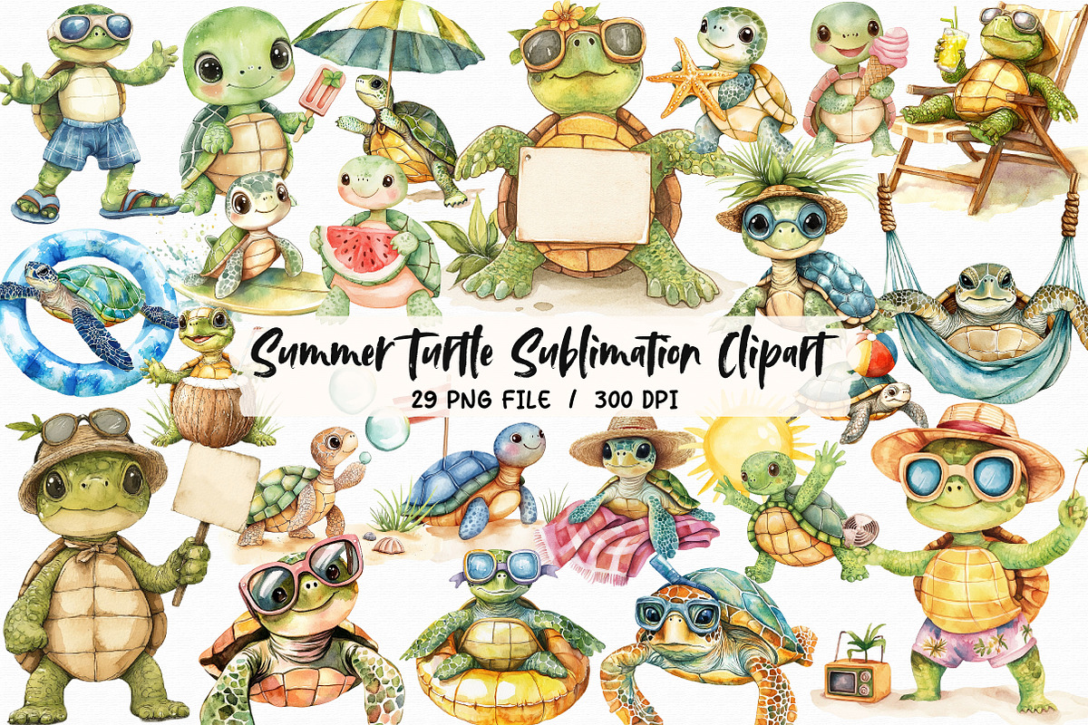 Summer Turtle Sublimation Clipart, an Illustration by Libby Wishes (Photo 1 of 7)