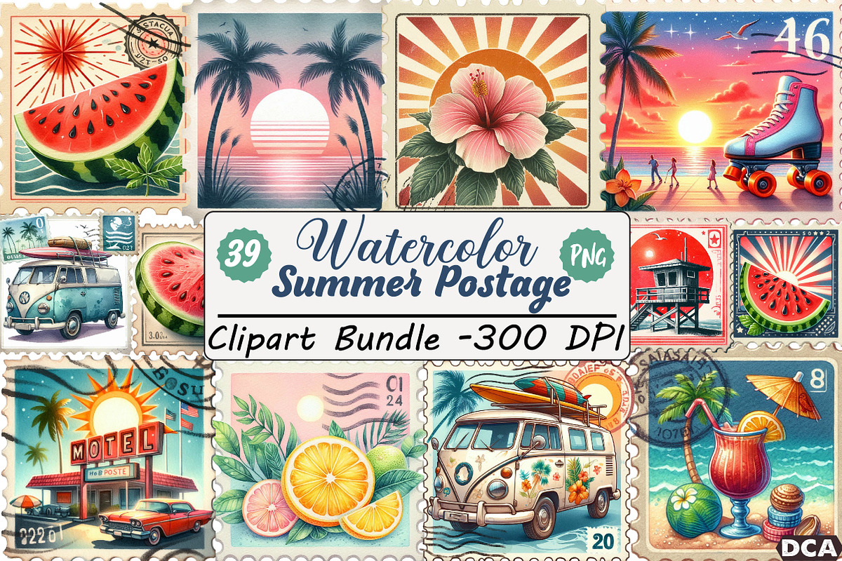Retro Summer Postage Clipart, an Illustration by DreamCafeArt (Photo 1 of 8)