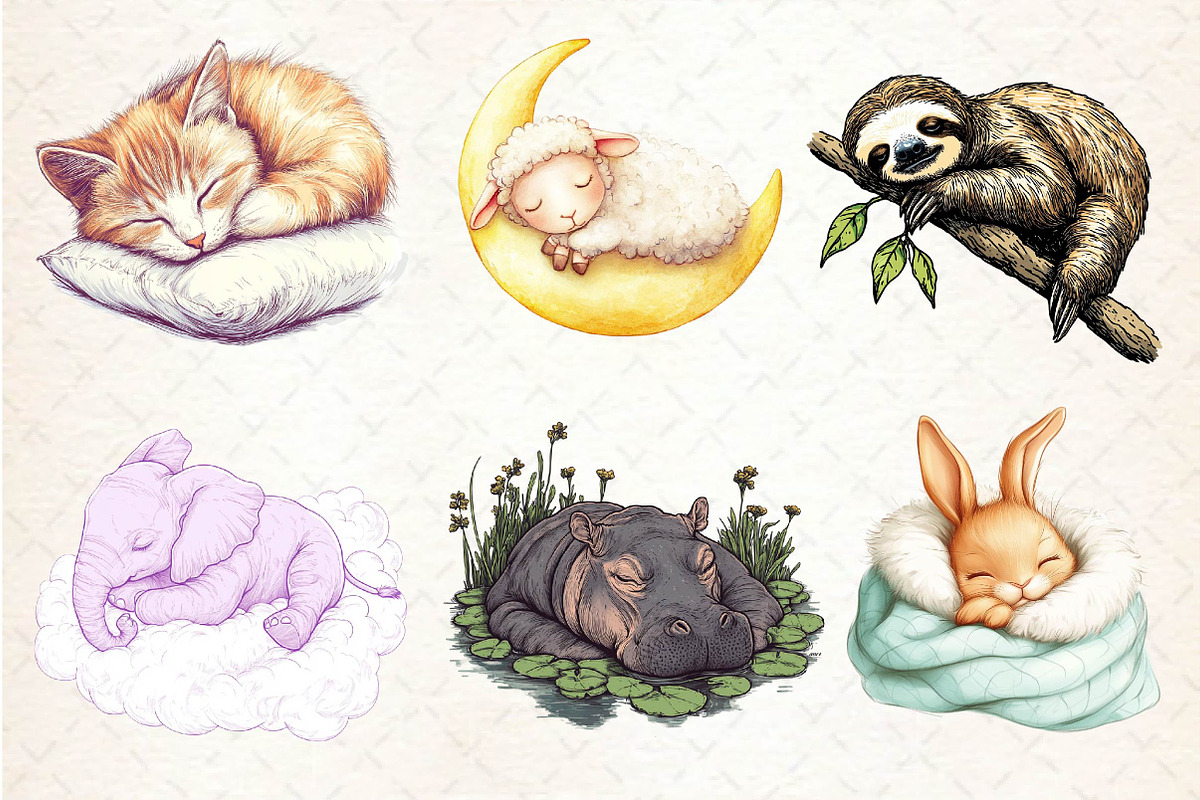Watercolor Sleepy Animals Clipart, an Illustration by Dream Creation (Photo 2 of 6)