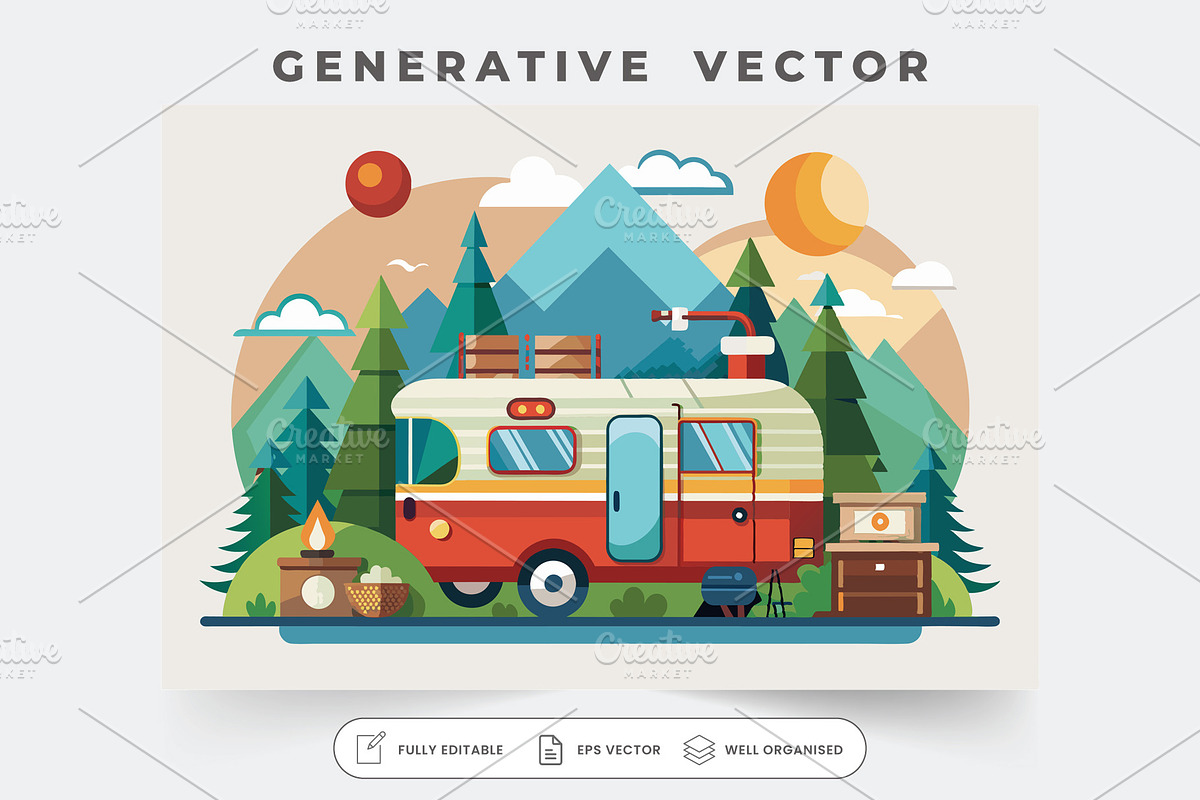 A cheerful caravan is parked amid ta, a Graphic by Iftikhar Alam