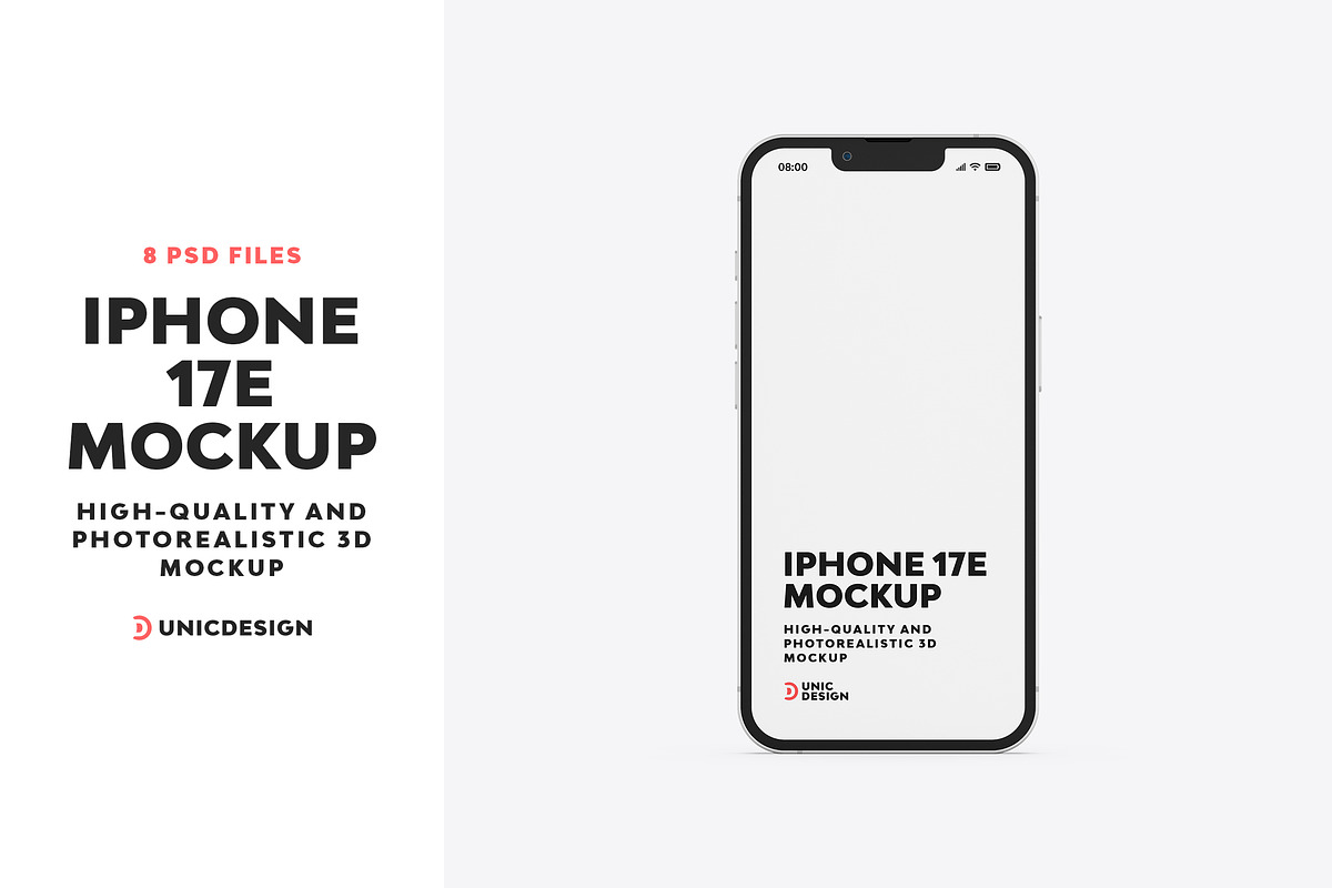 iPhone 17e Mockup, an iPhone Mockup by UnicDesign (Photo 1 of 9)
