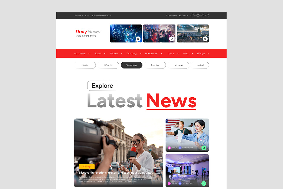 News Landing Page UI UX Layout, a Landing Page Template by CreativeShaper (Photo 2 of 7)