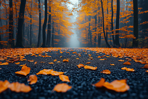 Autumn scene featuring a foggy road surrounded by trees with vibrant orange lea, a Background Photo by ImageMir