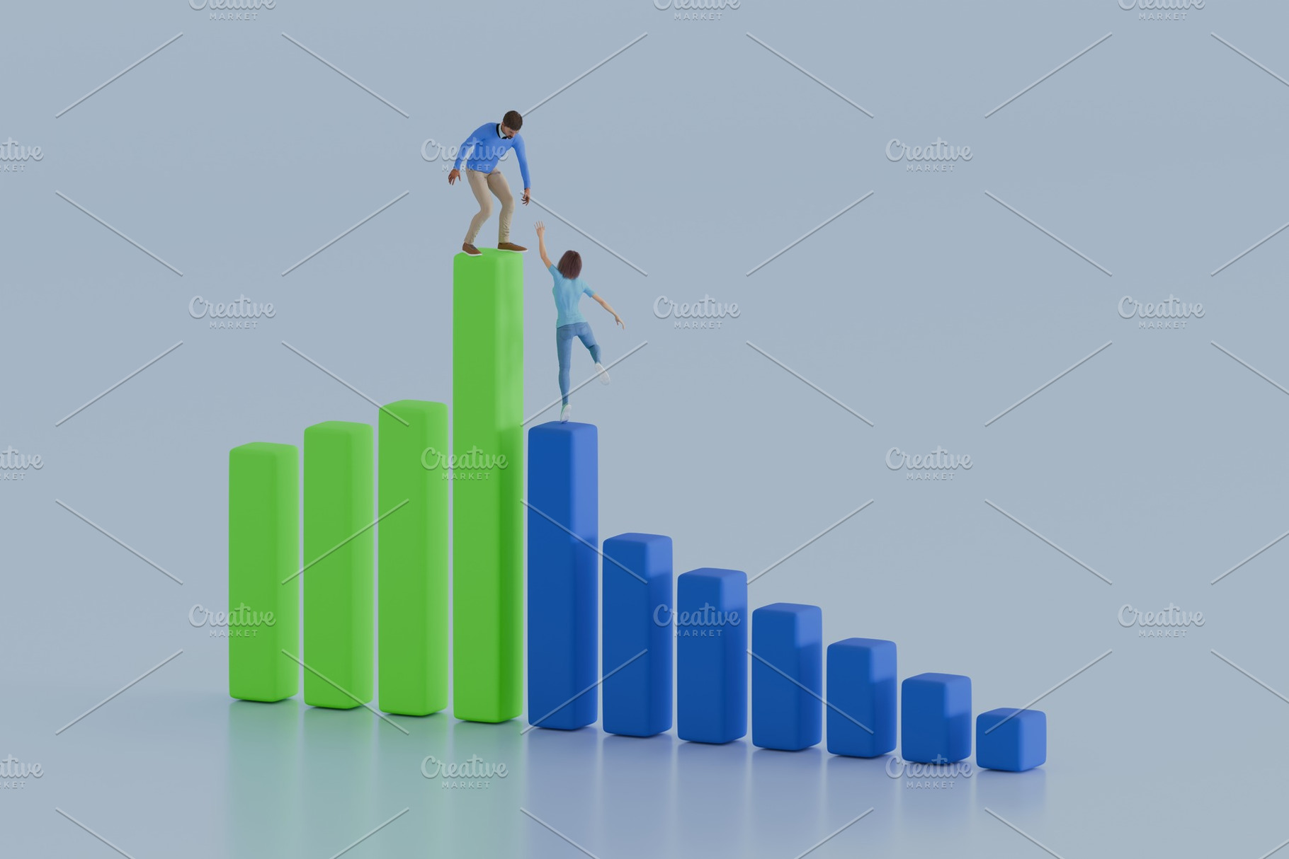 Teamwork on growth bars, man helping woman climb, a Business Photo by RF Images