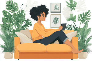 Woman relaxing on a cozy sofa while, a Photo by Tanuart