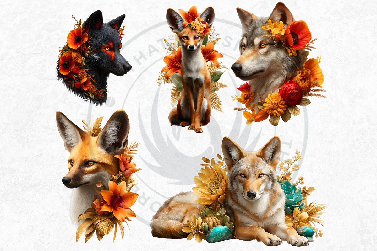 Floral Wolves Fantasy Cliparts, an Animal Illustration by ThatsDesignArt (Photo 10 of 17)