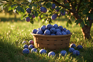 Basket of fresh ripe plums under a t, a Food & Drink Photo by professorinc