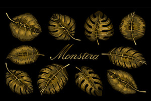 Set Of Tropical Gold Monstera Leaves