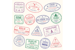 Passport Stamp, Travel Visa Sign Icon Set