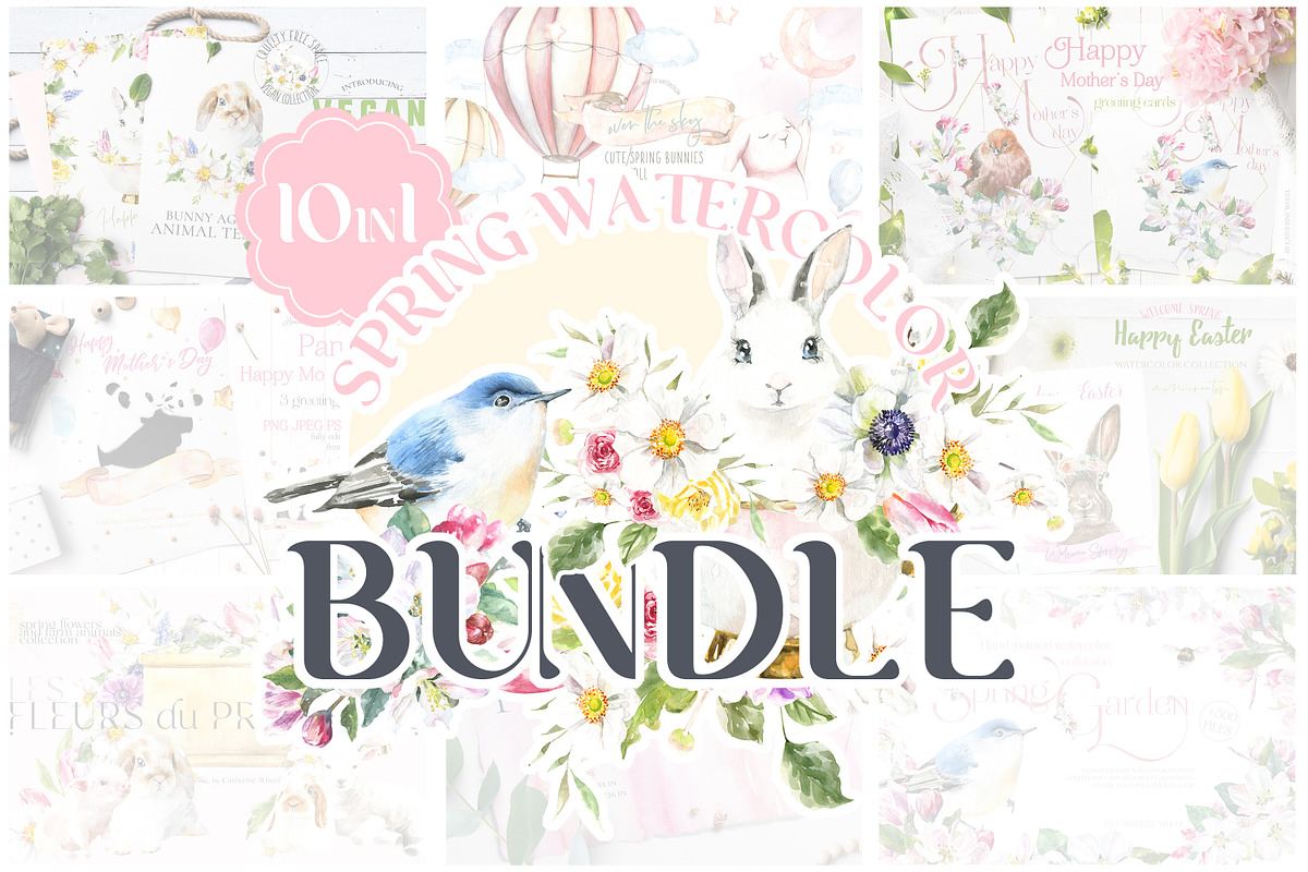 10in1 Spring Watercolor Bundle, an Animal Illustration by Catherine Wheel (Photo 1 of 11)