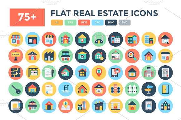 75 Flat Real Estate Icons