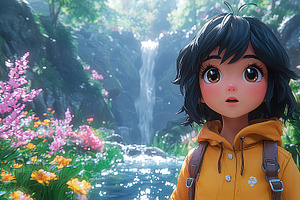 Charming anime character in lush fantasy forest with bright flowers and waterfa, an Illustration by AS photostudio
