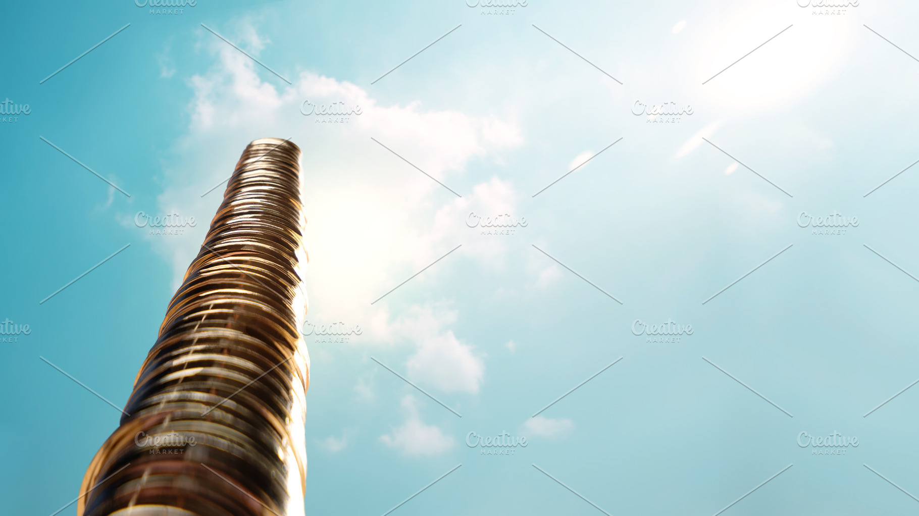 Golden Coins stacked high toward sunlight sky, Financial freedom, a Photo by salmon.black
