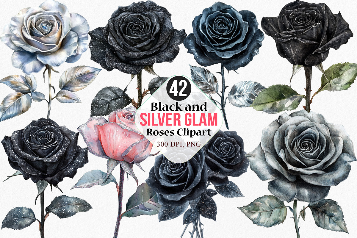 Black and Silver Glam Roses Clipart, an Illustration by Canvas Craft (Photo 1 of 9)