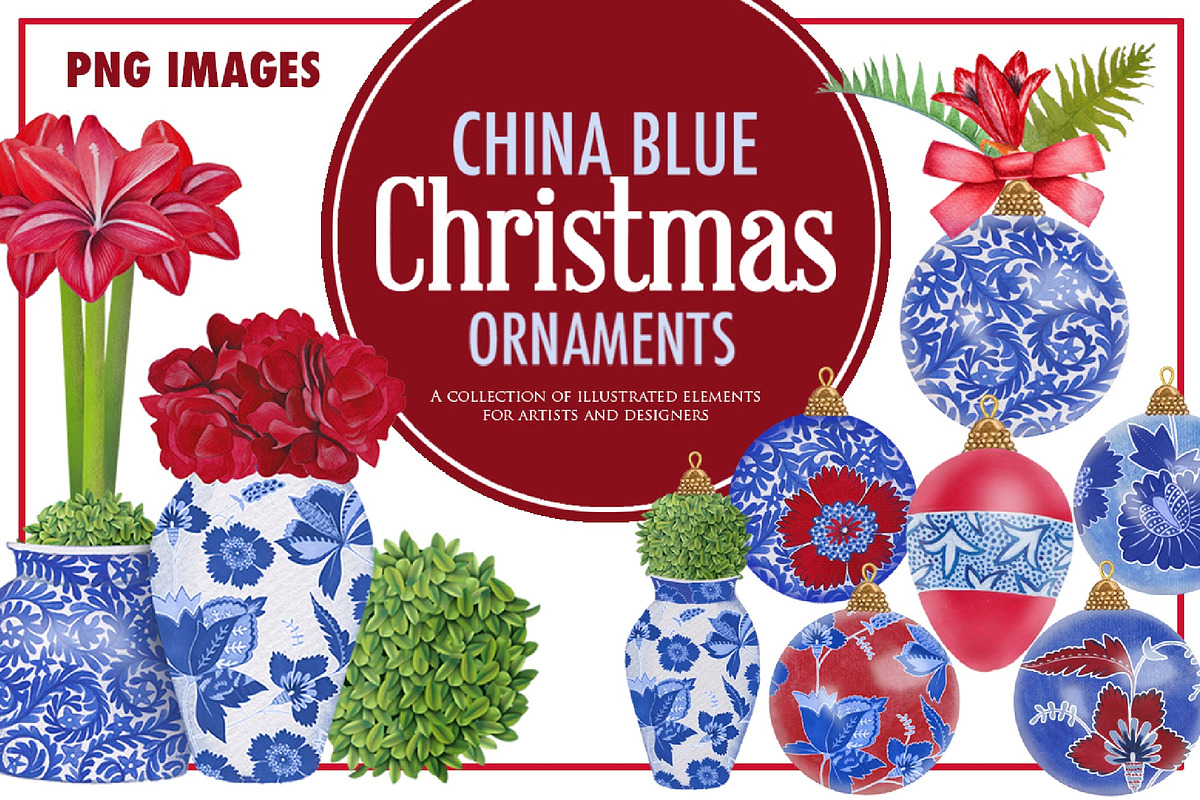 China Blue Christmas Ornaments Pack, a Decorative Illustration by Dana Designs (Photo 1 of 14)