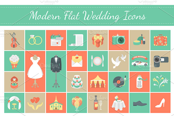Flat Square Vector Wedding Icons