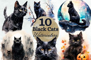 10 Black Cats Watercolor Clipart