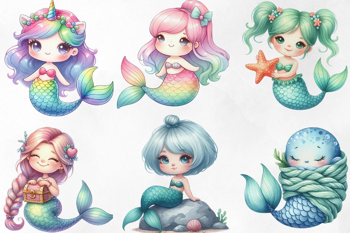 Kawaii Mermaid Clipart Bundle, an Illustration by Designking (Photo 2 of 4)
