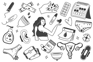 Menstruation set in flat line design