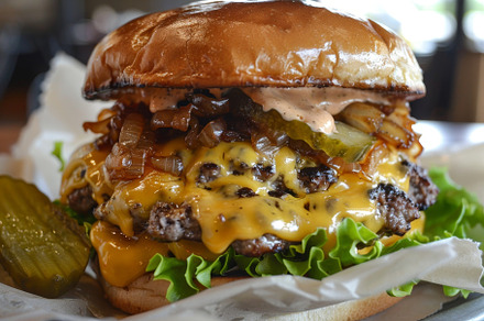 A decadent cheeseburger with layers, a Photo by Iftikhar Alam