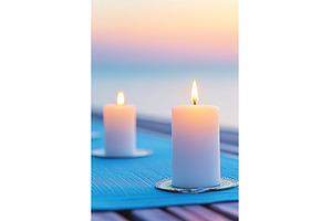 Illuminated Candles Sit Atop Blue, a Background Photo by Lermont51