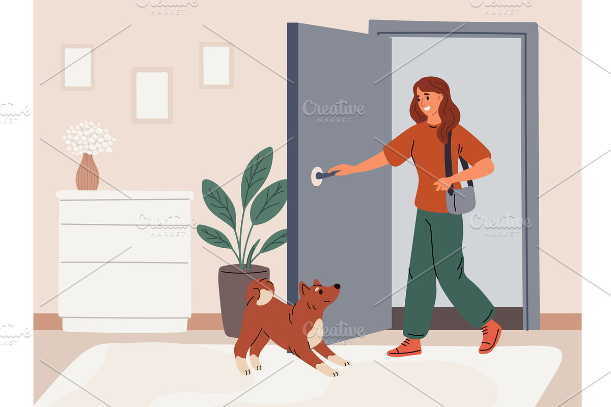 Dog meets his female owner sitting, an Animal Illustration by Vectorbuum