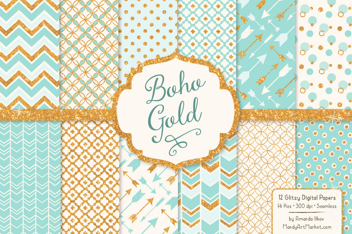 Aqua Bohemian Glitter Digital Papers, a Pattern Graphic by Amanda Ilkov (Photo 1 of 3)
