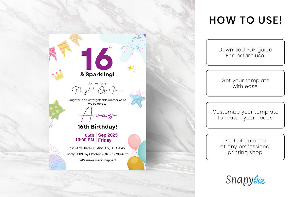 Editable 16 Birthday Invitation, an Invitation Template by Snapybiz (Photo 7 of 9)