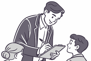 Man in suit writing on clipboard, a Person Illustration by SouravDesign