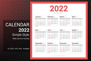2022 Simple Calendar Sunday Starts.