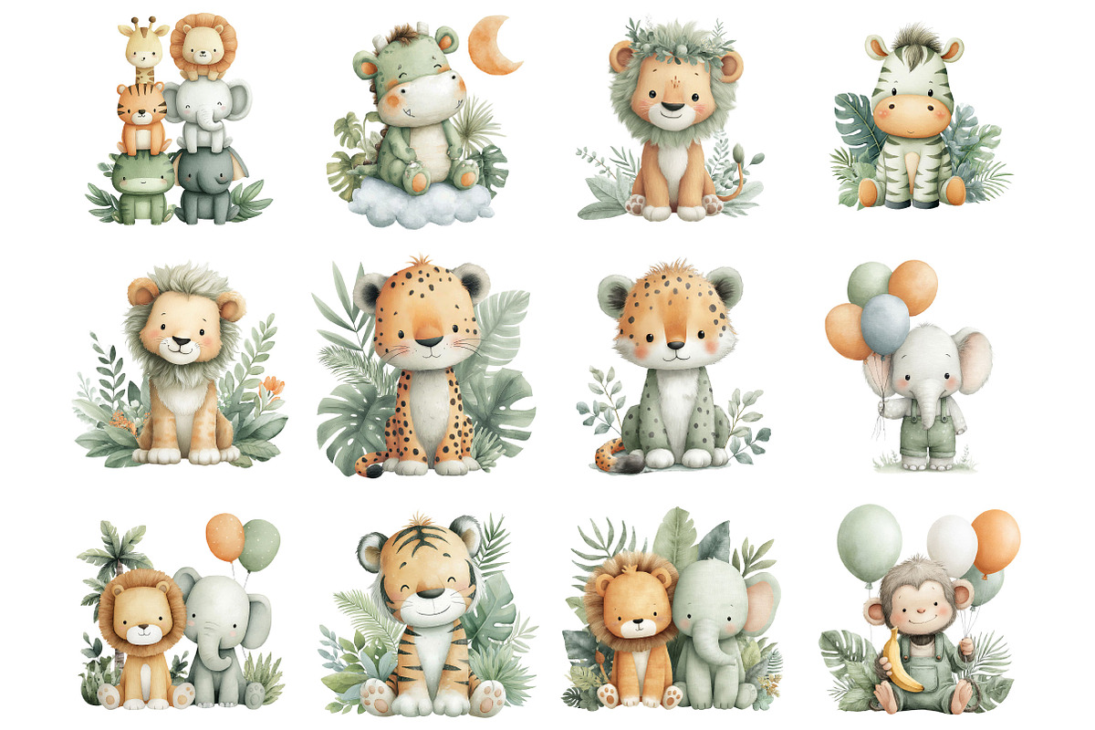 Cute Safari Animals Clipart, an Illustration by Designking (Photo 3 of 5)