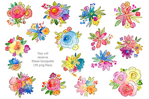 Watercolor Bouquets Of Flowers