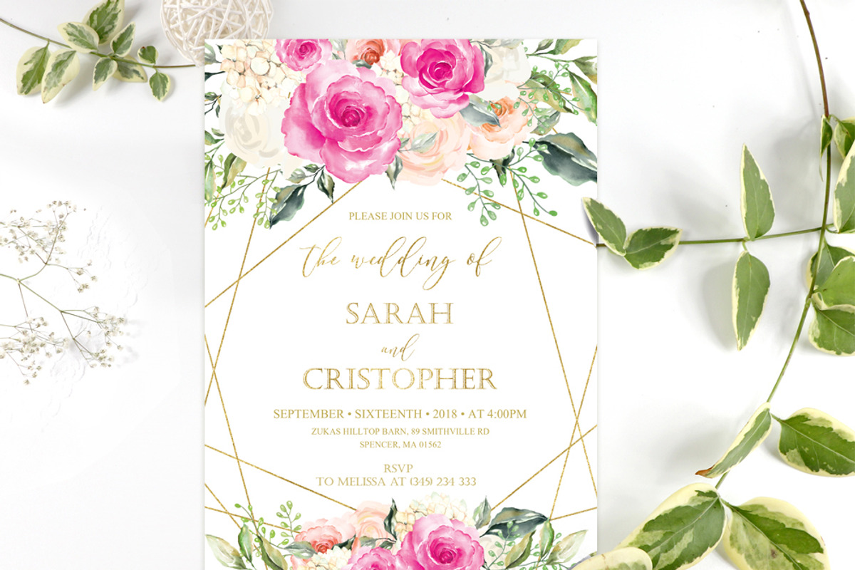 Hot Pink and Gold Blush Pink Roses, an Invitation Template by DreamsClipArt (Photo 1 of 4)
