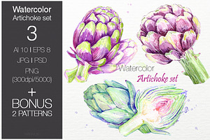 Watercolor artichokes set.