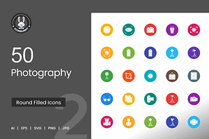 50 Photography Flat Round Icons, an Icon by IconBunny