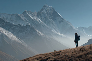 Hiker at sunrise in mountains, a Photo by Beautiful things