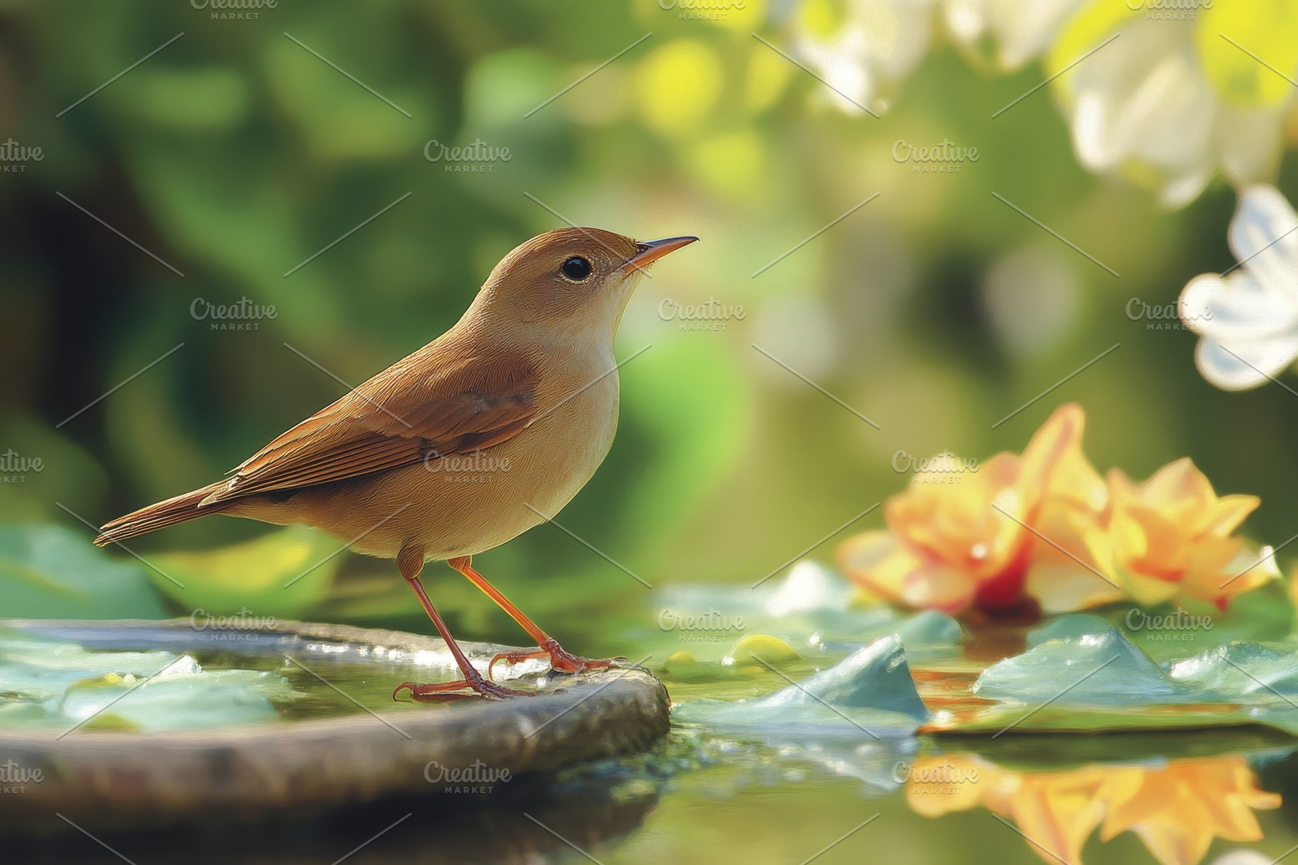 Common Nightingale perched by a pond, a Photo by Pavel_design