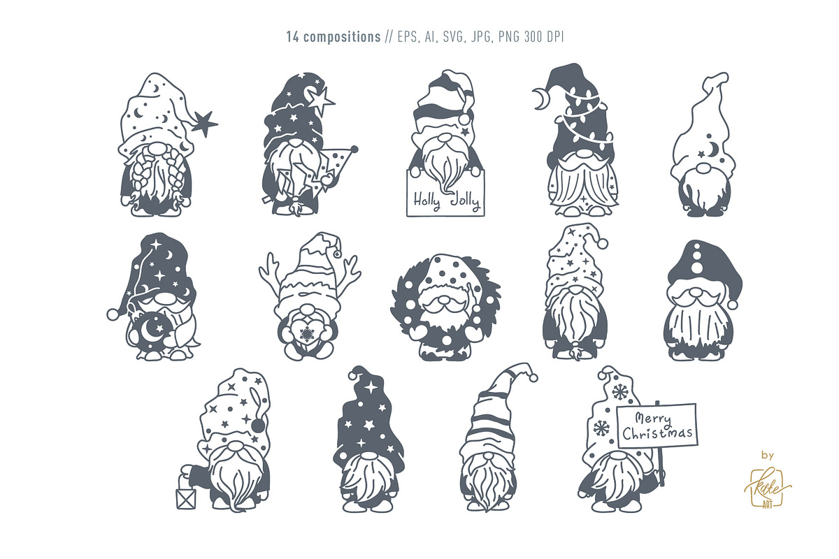 CHRISTMAS GNOMES LINE ART, a Seasonal Illustration by Kate Art (Photo 2 of 6)