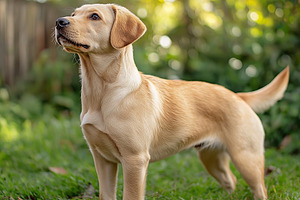 A curious golden Labrador puppy stands alert in a lush green garden., an Animal Photo by ImageMir