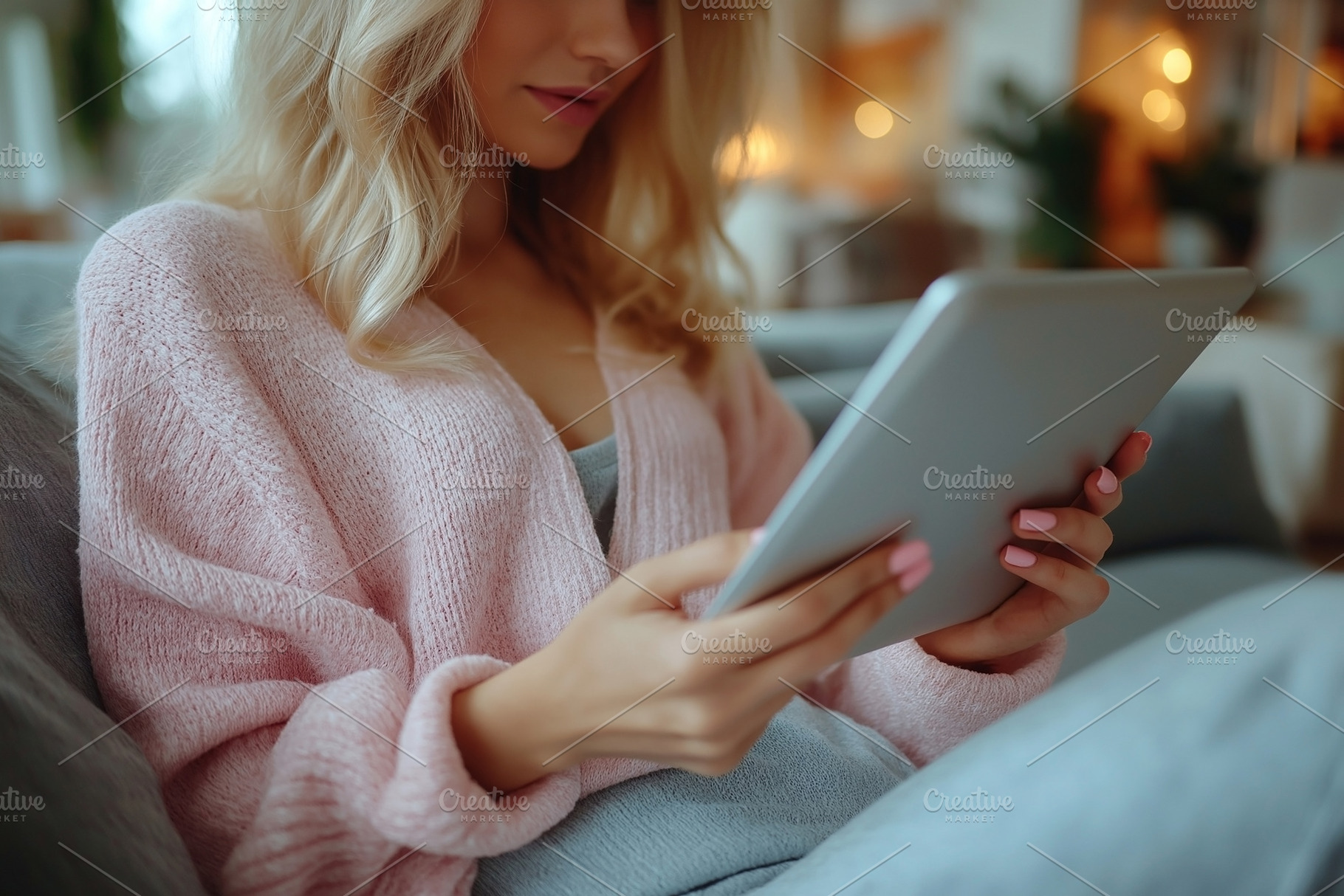 A young Caucasian woman in a cozy pink sweater, engrossed in reading on a table, a Person Photo by ImageMir