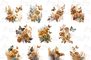 Golden Flowers And Butterfly Clipart