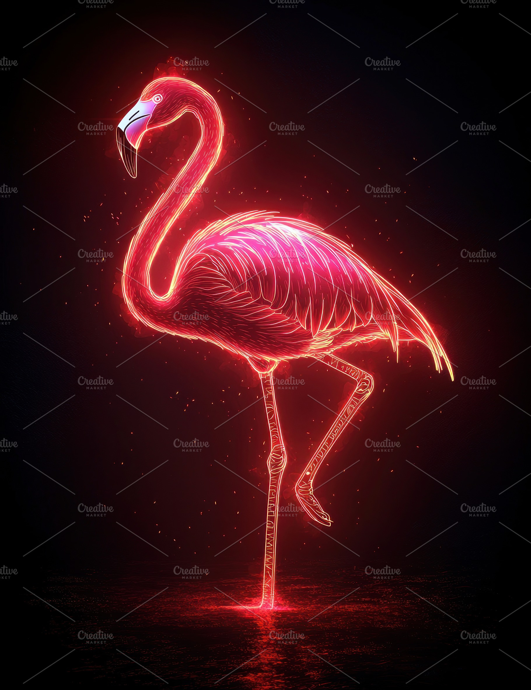 Glowing neon flamingo standing on one leg with vibrant red and p, an Animal Photo by José Manuel Gelpi