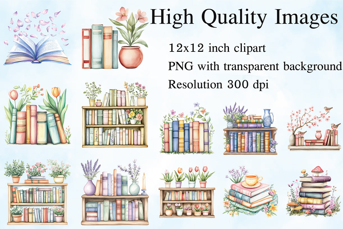 Watercolor Spring Bookshelf Clipart, an Illustration by Craft Nest (Photo 2 of 4)