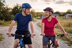 Close up of cheerful senior caucasian man and asian woman standi, a Sports & Recreation Photo by Volff