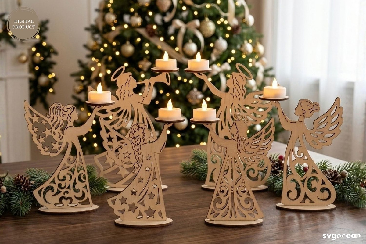 Christmas Angel Candle Holders SVG, a Decorative Illustration by svgocean (Photo 2 of 14)